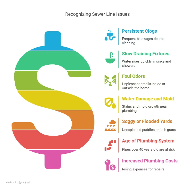 Recognizing Sewer Line Issues: persistent clogs, slow drains, foul odors, water damage, soggy yards, aging system, increased costs.
