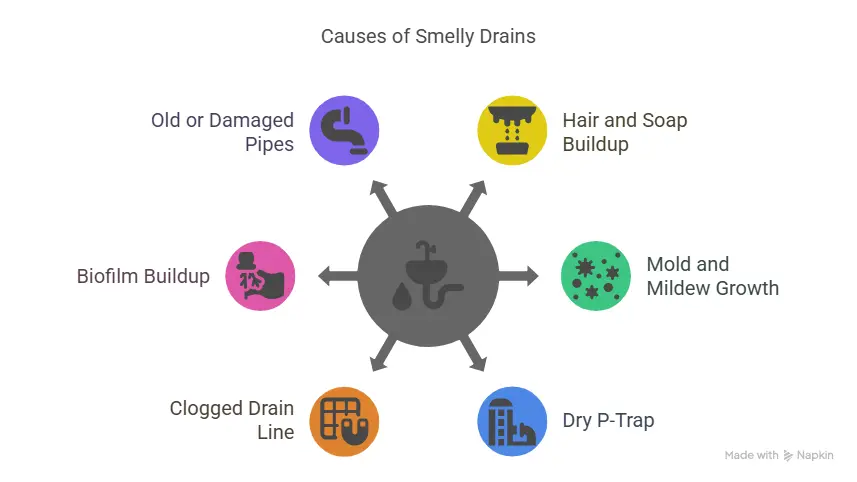 Causes of Smelly Drains: old pipes, hair/soap buildup, mold/mildew, dry P-trap, clogged drain line, biofilm buildup.
