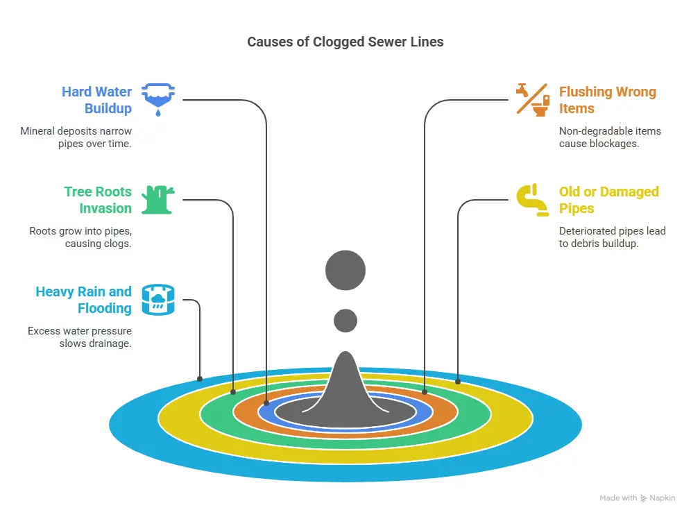 Causes of Clogged Sewer Lines: hard water buildup, flushing wrong items, old pipes, heavy rain/flooding, tree roots.