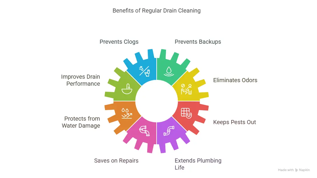Benefits of Regular Drain Cleaning: prevents clogs, prevents backups, eliminates odors, keeps pests out, extends plumbing life, saves on repairs, protects from water damage, improves drain performance.