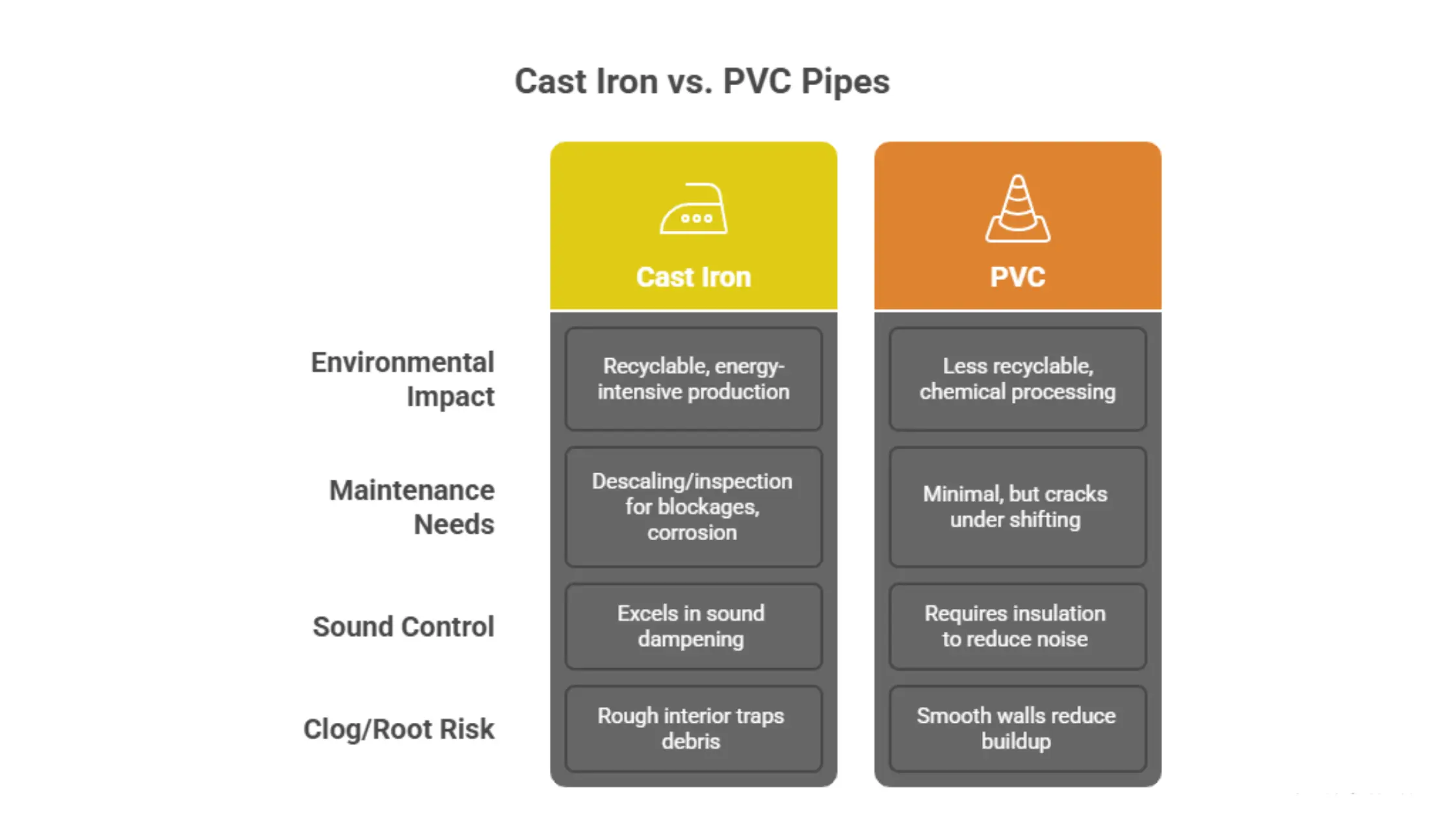 A comparison table titled "Cast Iron vs. PVC Pipes" detailing differences in Environmental Impact, Maintenance Needs, Sound Control, and Clog/Root Risk for each pipe type.