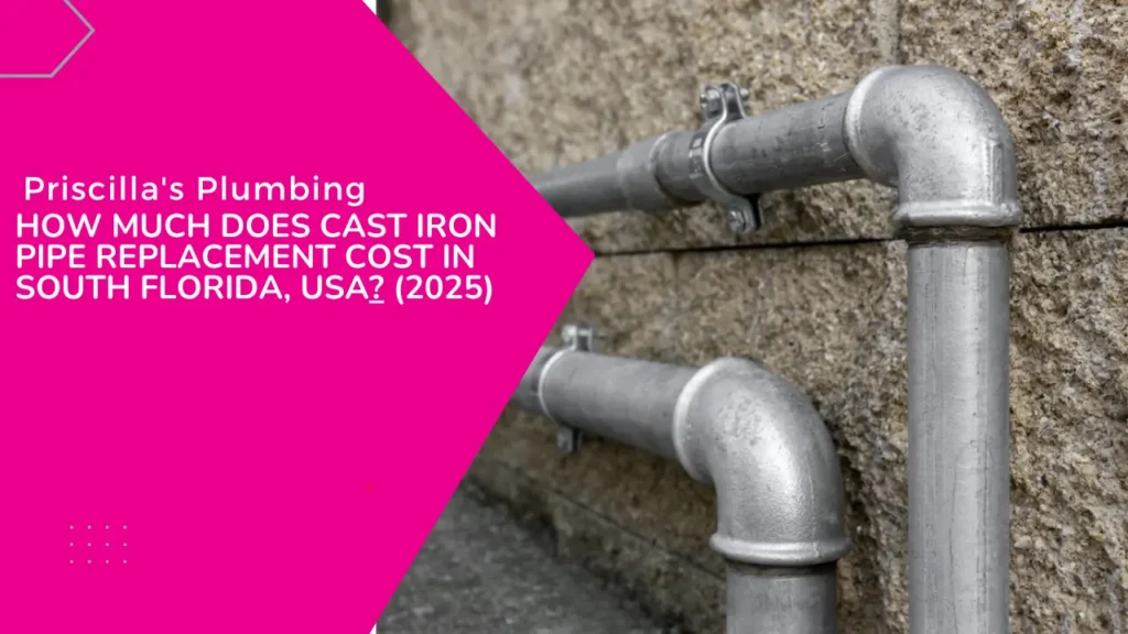 A plumbing graphic with a diagonal split. The left side is solid pink with text "Priscilla's Plumbing HOW MUCH DOES CAST IRON PIPE REPLACEMENT COST IN SOUTH FLORIDA, USA? (2025)". The right side shows two clean, silver-colored metal pipes with elbows and clamps against a concrete wall.