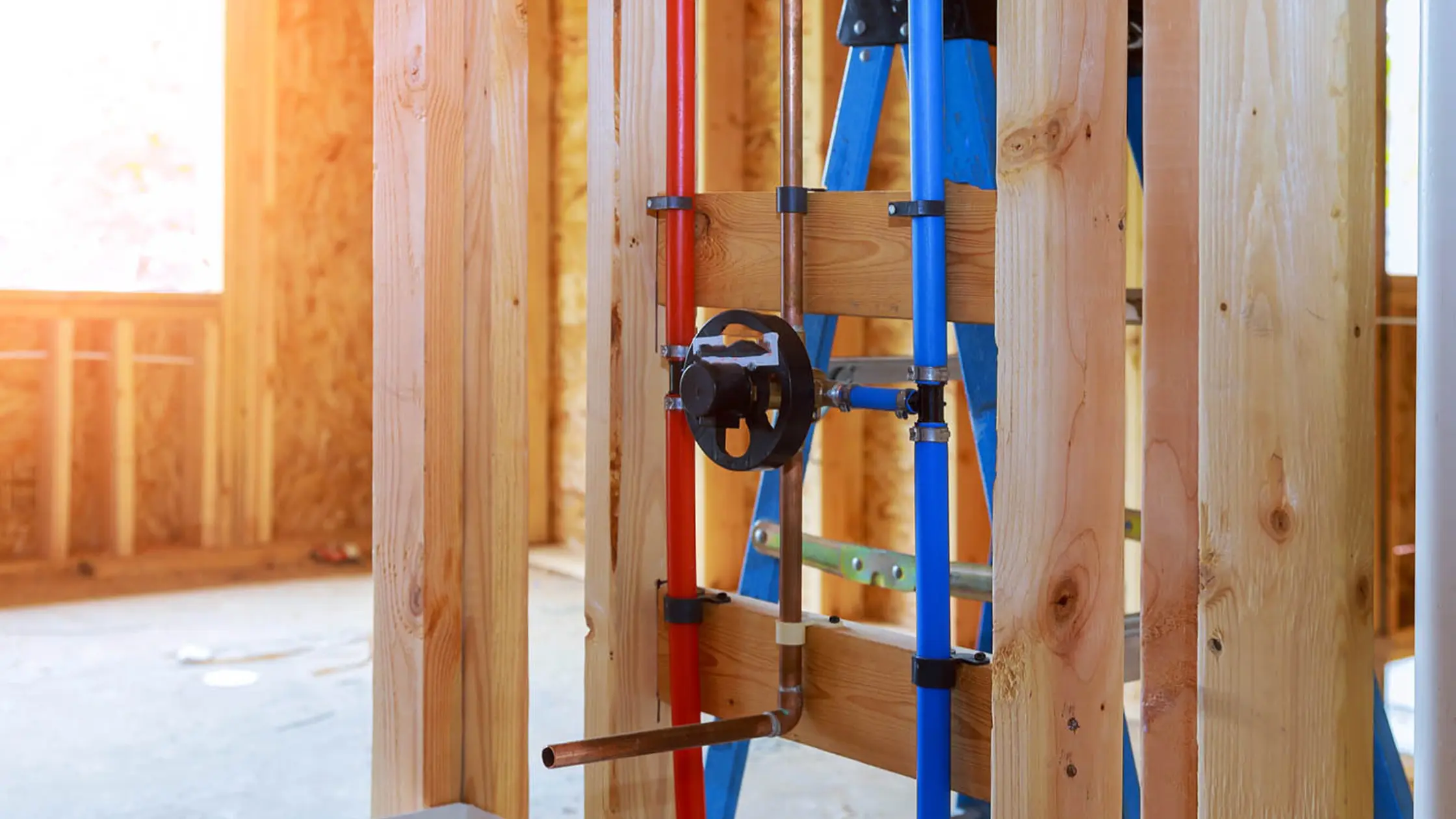 
Framed wall with new red and blue plumbing pipes.