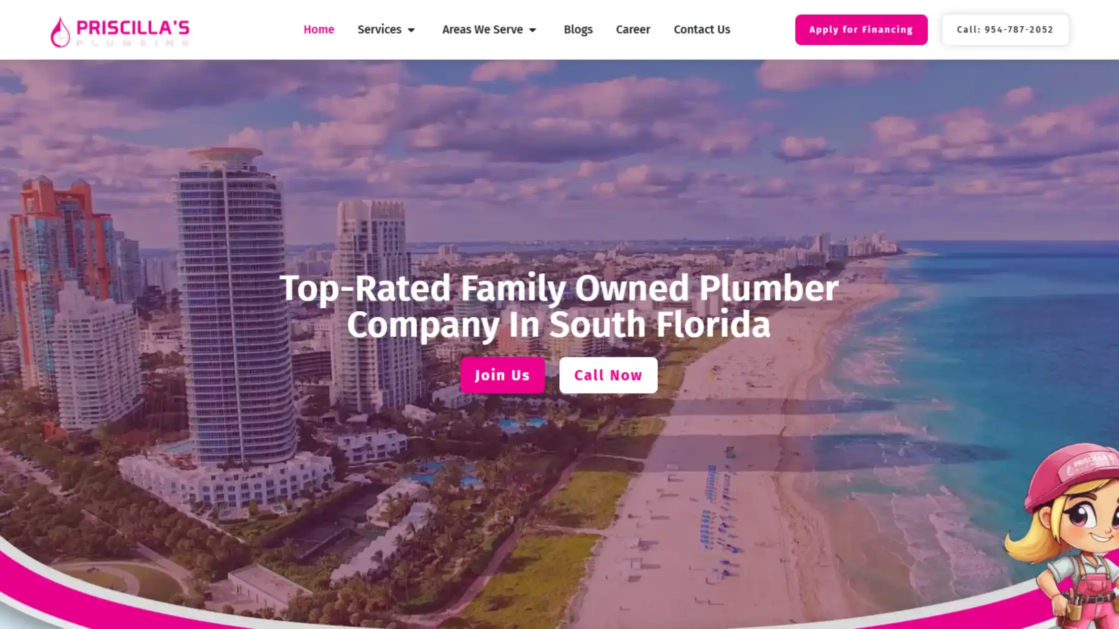  A colorful website for "Priscilla's Plumbing" features a vibrant image of a South Florida beach and skyline.