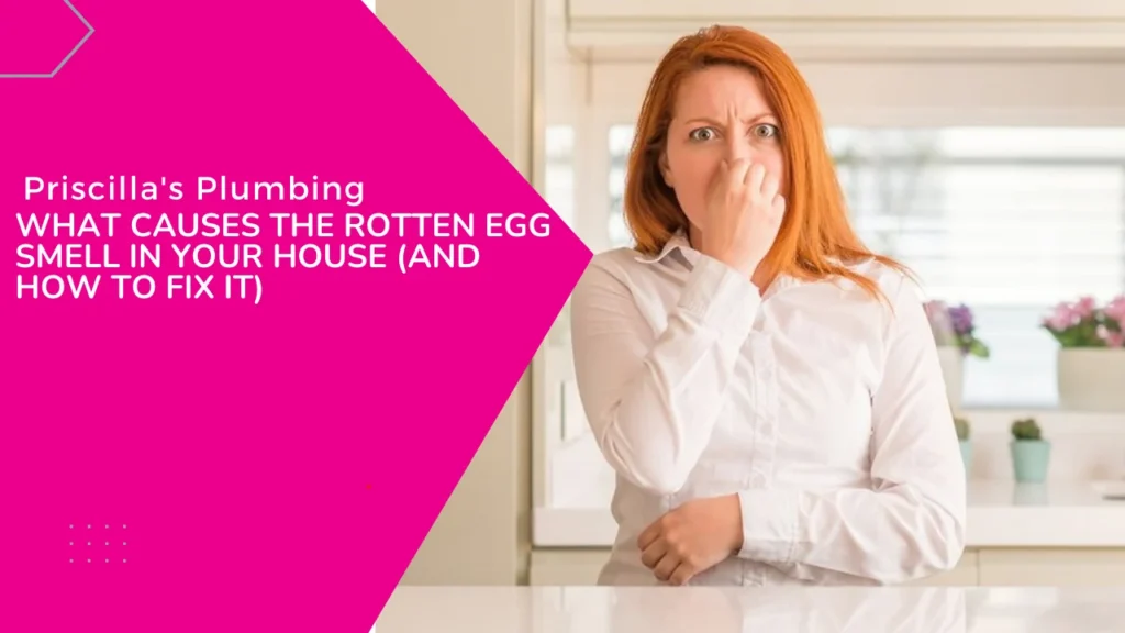 A woman in a kitchen pinching her nose due to a rotten egg smell in house.