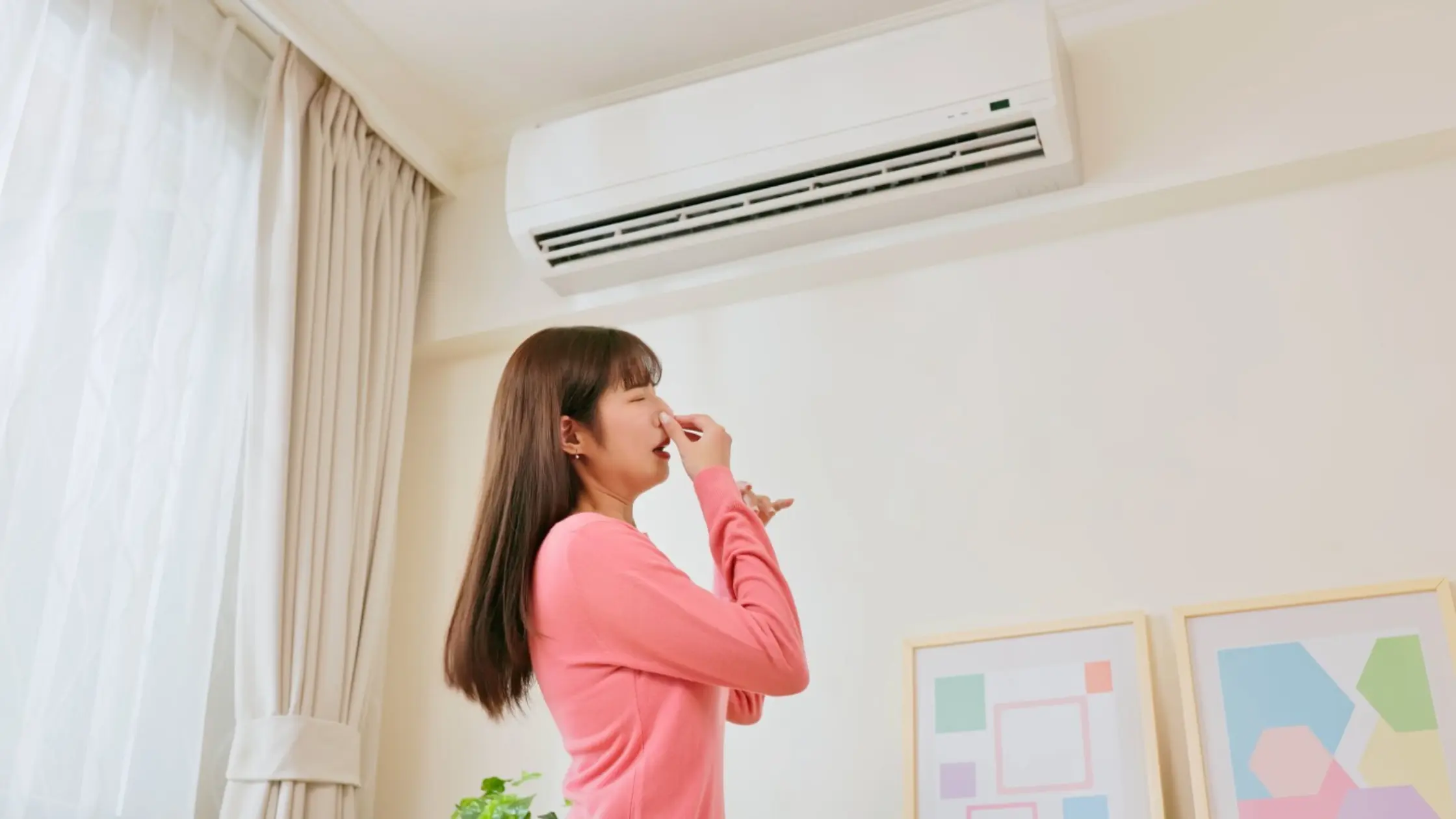 A woman pinching her nose stands in front of an air conditioner, suggesting a rotten egg smell.