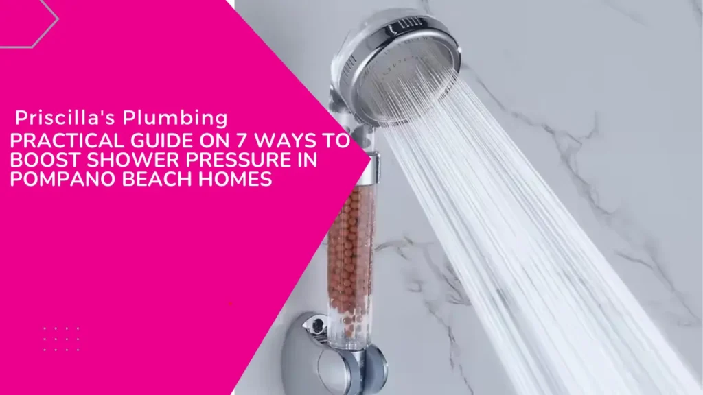 A modern shower head sprays a strong stream of water. The left side of the image has a pink overlay with text that reads, "Priscilla's Plumbing PRACTICAL GUIDE ON 7 WAYS TO BOOST SHOWER PRESSURE IN POMPANO BEACH HOMES."