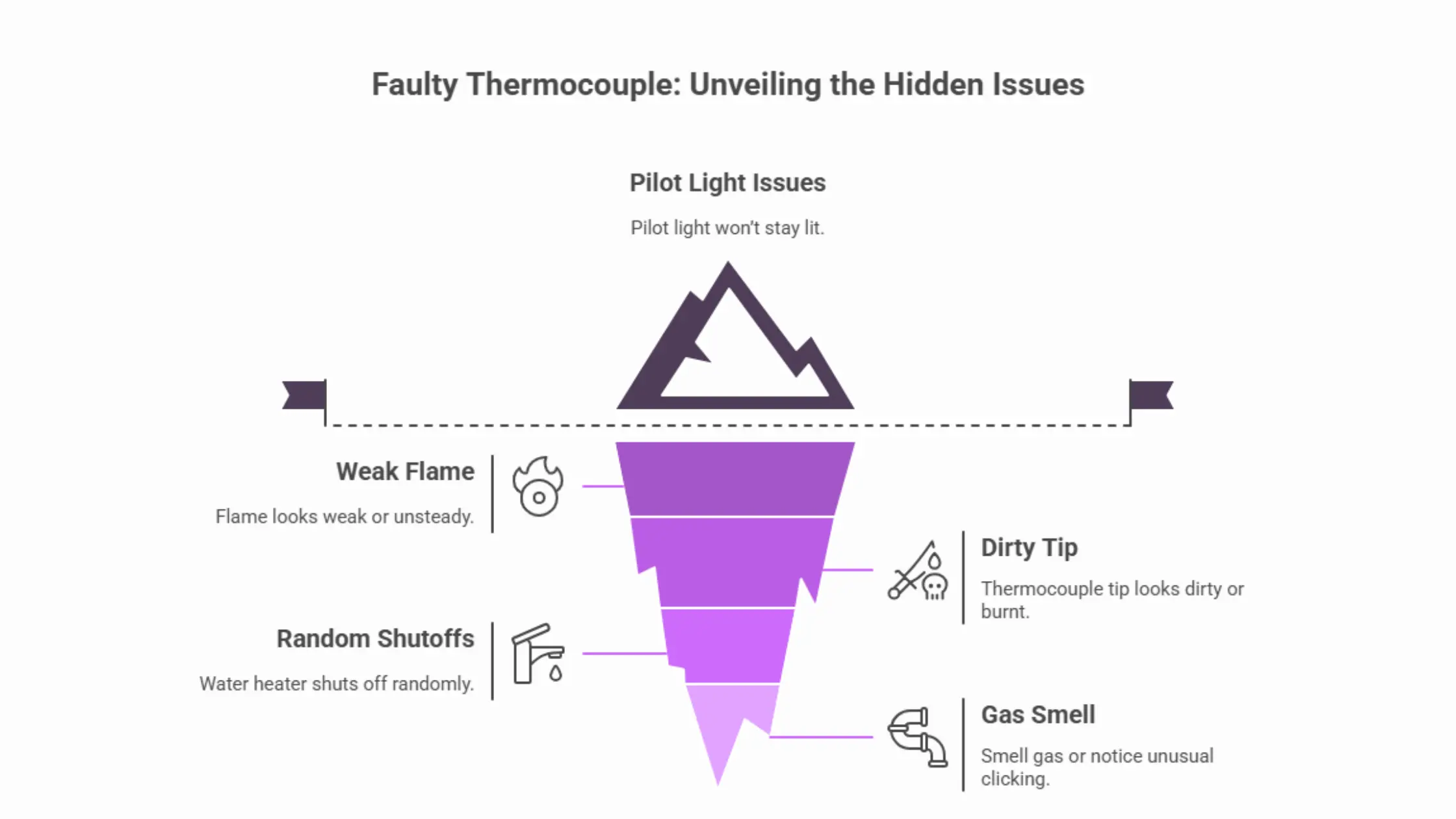  Iceberg diagram shows Signs of a Faulty Thermocouple in a pilot light.